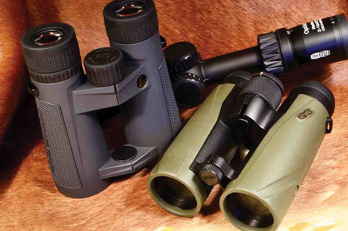 Modern optics that are better than almost anything available in 1988, and a lot cheaper: From left, a Leupold BX-5 Santiam HD 10x42mm binocular, a Meopta Meopro Optika5 2-10x 42mm PA riflescope and a Meopta Meopro Air 10x42mm binocular.